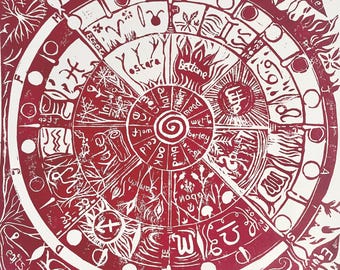 Wheel of the year - Original Linoprint (A3 Square)