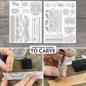 May include: A leather carving kit with a variety of patterns and designs. The kit includes a leather carving tool, a sponge, and a small container of water. The text "Everything Needed To Carve" is printed on the image.