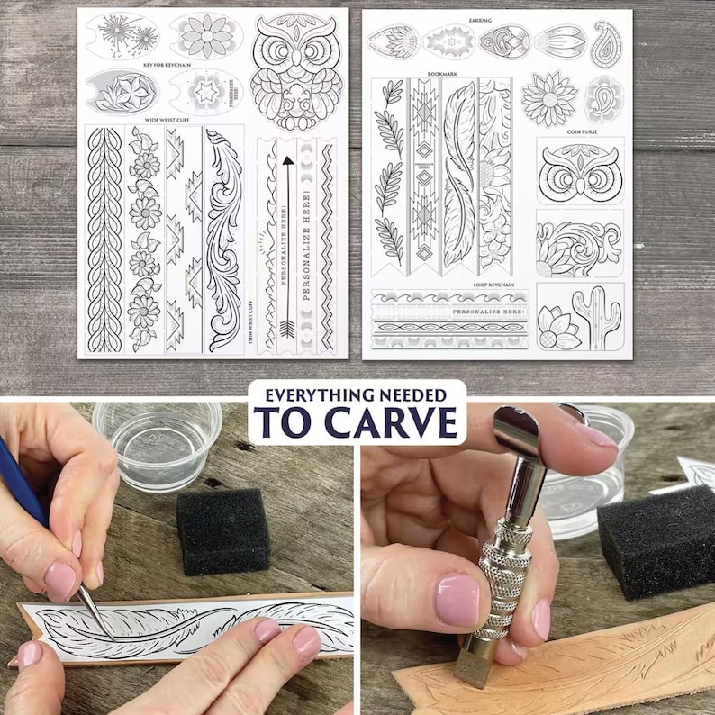 May include: A leather carving kit with a variety of patterns and designs. The kit includes a leather carving tool, a sponge, and a small container of water. The text "Everything Needed To Carve" is printed on the image.