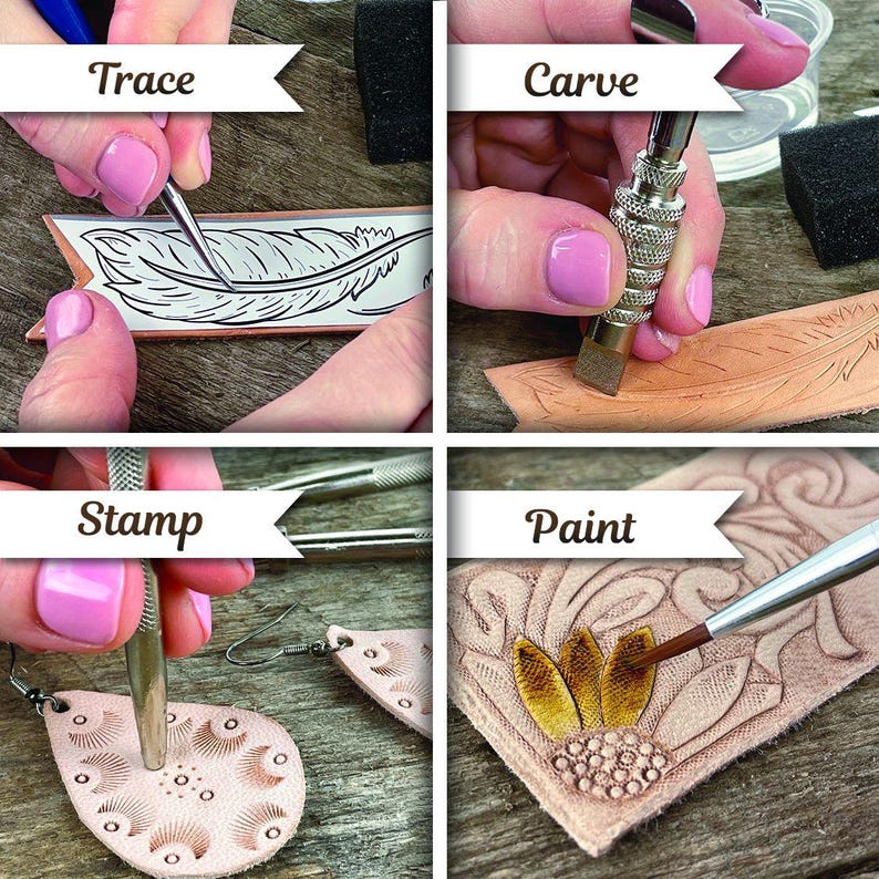 May include: A collage of four images showing the steps involved in leather crafting. The first image shows a person tracing a design onto leather with a stylus. The second image shows a person carving leather with a tool. The third image shows a person stamping a design into leather with a tool. The fourth image shows a person painting leather with a brush.