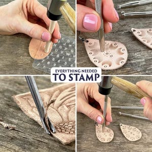 May include: A set of leather stamping tools, including a hammer, a metal stamp, and a leather template with letters and numbers. The tools are being used to create a design on a piece of leather.