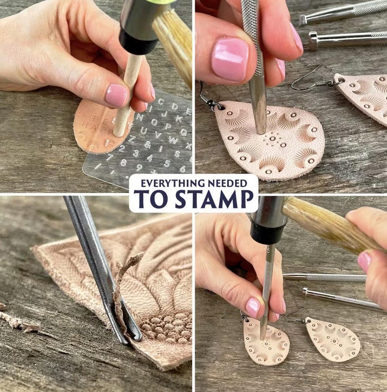 May include: A set of leather stamping tools, including a hammer, a metal stamp, and a leather template with letters and numbers. The tools are being used to create a design on a piece of leather.