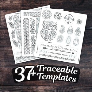May include: A set of 37 printable, traceable templates featuring various designs, including an owl, flowers, paisley patterns, and geometric shapes. The templates are perfect for creating jewellery, bookmarks, and other crafts.