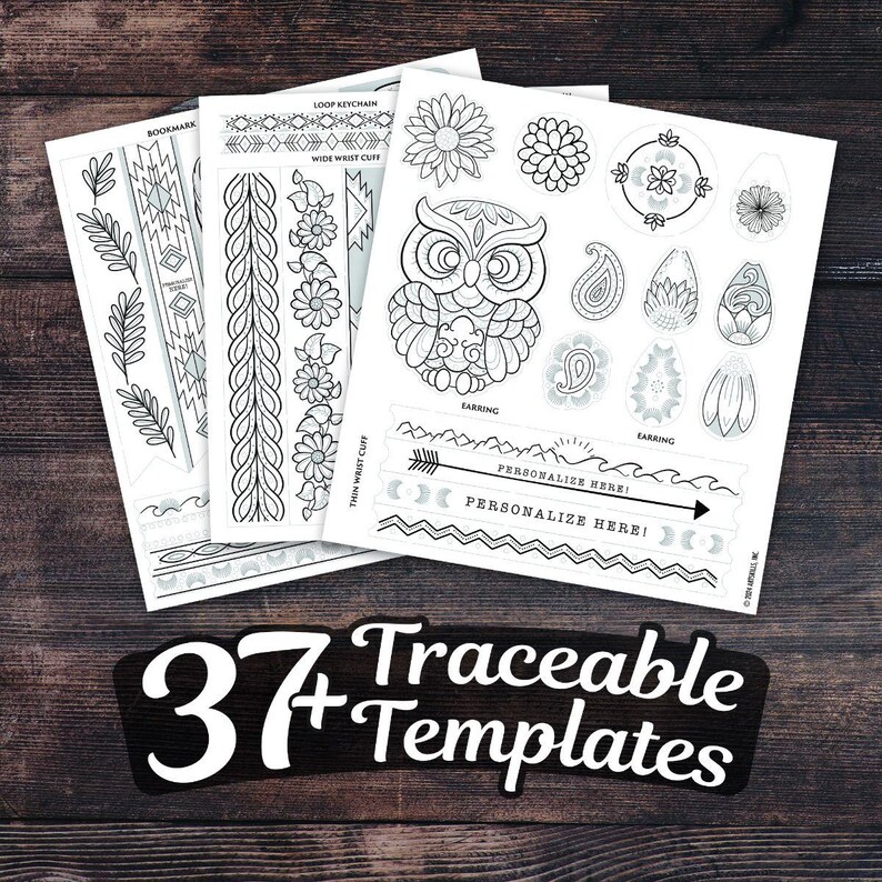 May include: A set of 37 printable, traceable templates featuring various designs, including an owl, flowers, paisley patterns, and geometric shapes. The templates are perfect for creating jewellery, bookmarks, and other crafts.