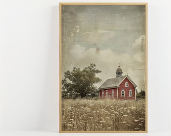 Vintage Red Schoolhouse Print: Farm Field Vista (Digital Download)
