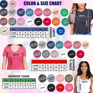 The image is a color and size chart that provides information about various clothing items, including women's t-shirts and tank tops. The chart includes different color options and corresponding sizes, as well as measurements for each item.