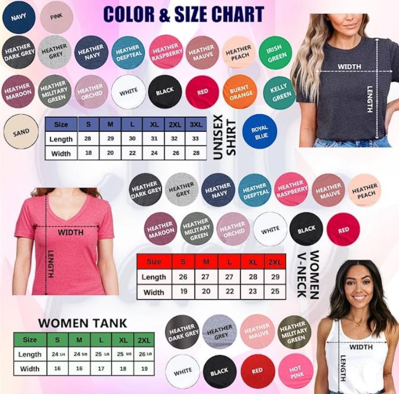 The image is a color and size chart that provides information about various clothing items, including women's t-shirts and tank tops. The chart includes different color options and corresponding sizes, as well as measurements for each item.