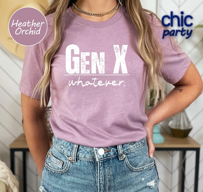 a woman wearing a pink gen x whatever t - shirt