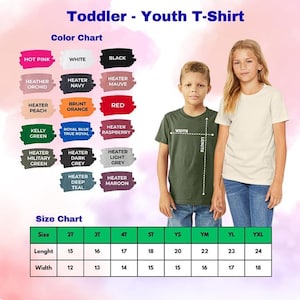 The image is a color chart for a toddler-youth t-shirt, showing the different colors available and their corresponding sizes. The chart also includes a size chart with measurements for each color.