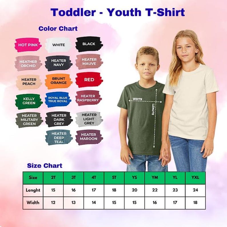 The image is a color chart for a toddler-youth t-shirt, showing the different colors available and their corresponding sizes. The chart also includes a size chart with measurements for each color.