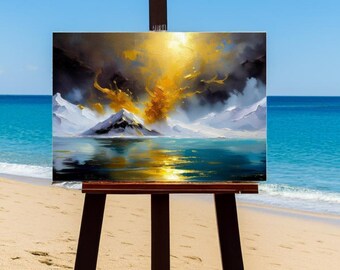 Abstract Landscape Painting on Canvas Original Oil Wall Art Ocean Seascape Blue Lake Snowy Alaska Golden Light Sunset