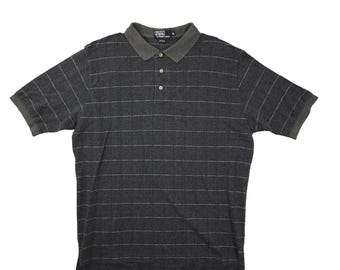 Camisa polo vintage Polo Ralph Lauren masculina tamanho XL xadrez cinza, fabricada nos EUA, estilo preppy dos anos 90.