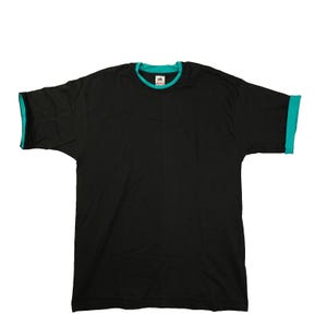 May include: A black short-sleeved t-shirt featuring a solid black body with contrasting teal trim on the crew neckline and the edges of the sleeves. The garment includes a small white brand label located on the inside of the back collar area.