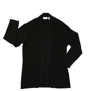May include: A black open-front cardigan with long sleeves. The lightweight fabric drapes loosely, creating a relaxed silhouette. The cardigan has a simple, minimalist design, suitable for layering.