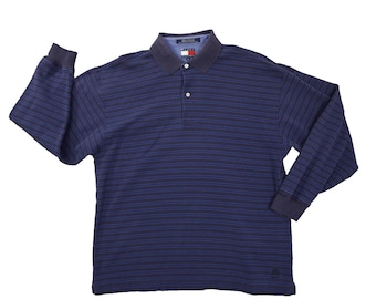 Camisa polo Tommy Hilfiger Vintage de los 90 para hombre, talla grande, azul, a rayas, manga larga, efecto desgastado.