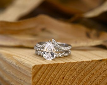 2CT Pear Cut Engagement Ring Set, Vintage Bridal, Stackable Wedding Bands, Sterling Silver