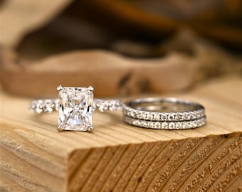 Conjunto de anillo de compromiso con talla radiante de 3 quilates, conjunto nupcial con halo oculto, alianzas de boda apilables de plata de ley 925.