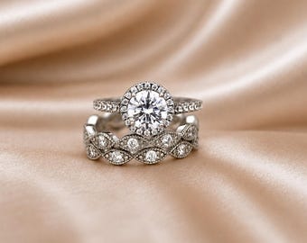 Round Halo Bridal Ring Set, Vintage Art Deco Wedding Ring Set, 925 Sterling Silver Stackable Rings, Antique Engagement Ring