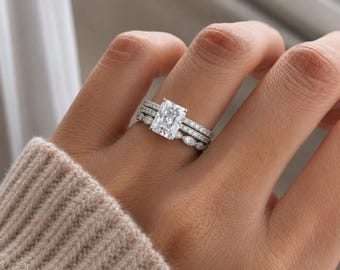 3CT Radiant Cut Bridal Ring Set, Sterling Silver, Art Deco Milgrain Pavé Bands