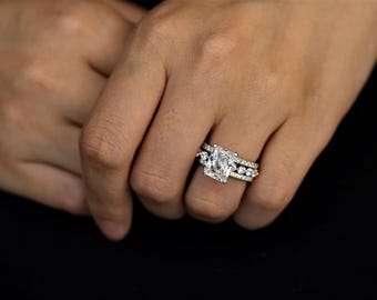 3CT Radiant Cut Engagement Ring Set, Hidden Halo Bridal Set, 925 Sterling Silver Stackable Wedding Bands