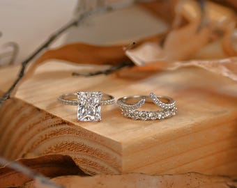 Radiant Cut verlovingsringset, 3-delige bruidsringset, Chevron-trouwring, sterlingzilveren ringset, stapelbare ring