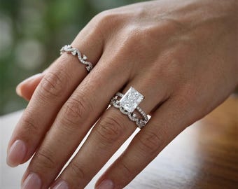 4CT Radiant Cut Engagement Ring Set, 925 Sterling Silver Bridal Ring Set, Nature Inspired Leaf Wedding Bands