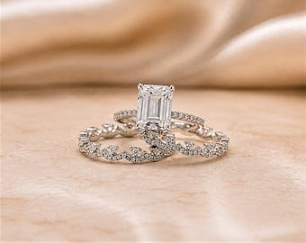 3ct Smaragdschliff Verlobungsring Set, Versteckter Halo Brautring Set, Natur Inspirierte Rebe Wedding Bands, 925 Sterling Silber