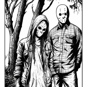 May include: Black and white illustration of two figures in a forest setting. One figure wears a hockey mask, the other a hooded mask. The figure on the right is wearing a plaid shirt.