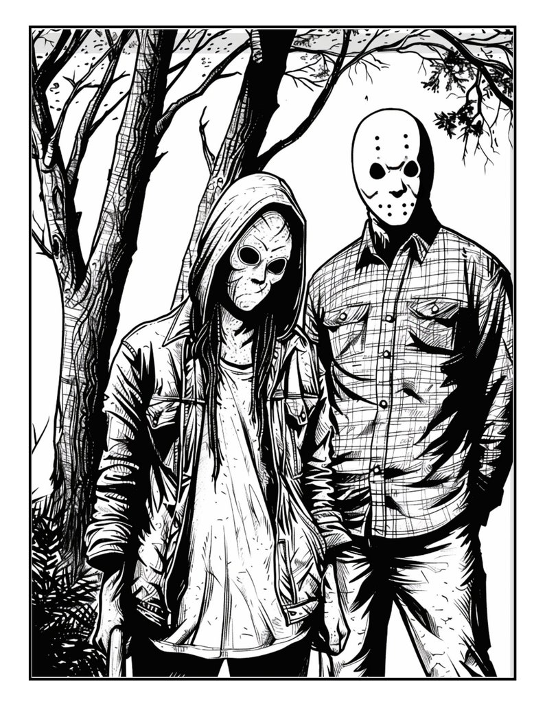 May include: Black and white illustration of two figures in a forest setting. One figure wears a hockey mask, the other a hooded mask. The figure on the right is wearing a plaid shirt.