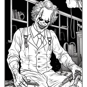 May include: Black and white illustration of a sinister figure in a white suit with suspenders, a tie, and a wide grin. The character has dark eye makeup and is holding tools, with a shelf of books and equipment in the background.