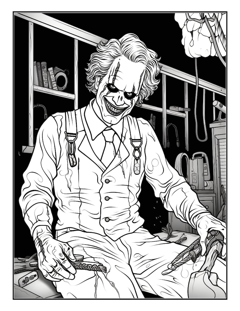 May include: Black and white illustration of a sinister figure in a white suit with suspenders, a tie, and a wide grin. The character has dark eye makeup and is holding tools, with a shelf of books and equipment in the background.