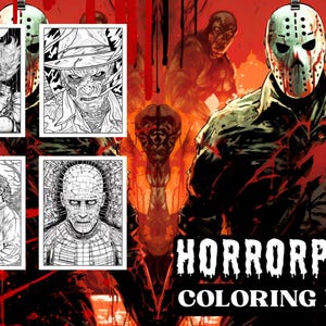 May include: A "Horrorphile Coloring Book" cover featuring illustrations of horror movie characters. The cover includes images of Pennywise, Freddy Krueger, Michael Myers, and Pinhead. The background is red with blood splatter.