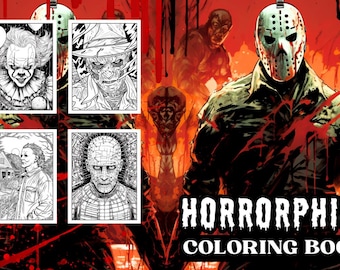 Puede incluir: Una portada de "Horrorphile Coloring Book" con ilustraciones de personajes de películas de terror. La portada incluye imágenes de Pennywise, Freddy Krueger, Michael Myers y Pinhead. El fondo es rojo con salpicaduras de sangre.