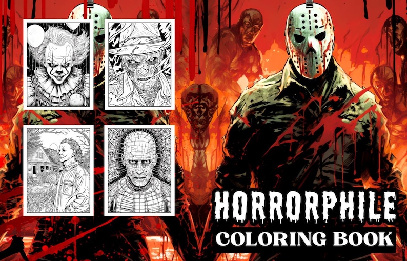 May include: A "Horrorphile Coloring Book" cover featuring illustrations of horror movie characters. The cover includes images of Pennywise, Freddy Krueger, Michael Myers, and Pinhead. The background is red with blood splatter.