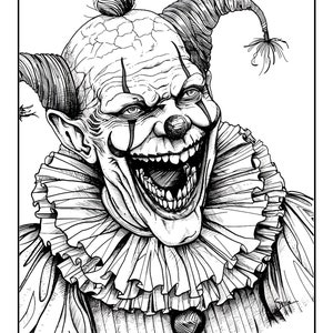 May include: A detailed black and white illustration of a menacing clown. The clown has exaggerated features, including a large, toothy grin, a red nose, and dark eye makeup. A ruffled collar and a textured hat complete the unsettling image.