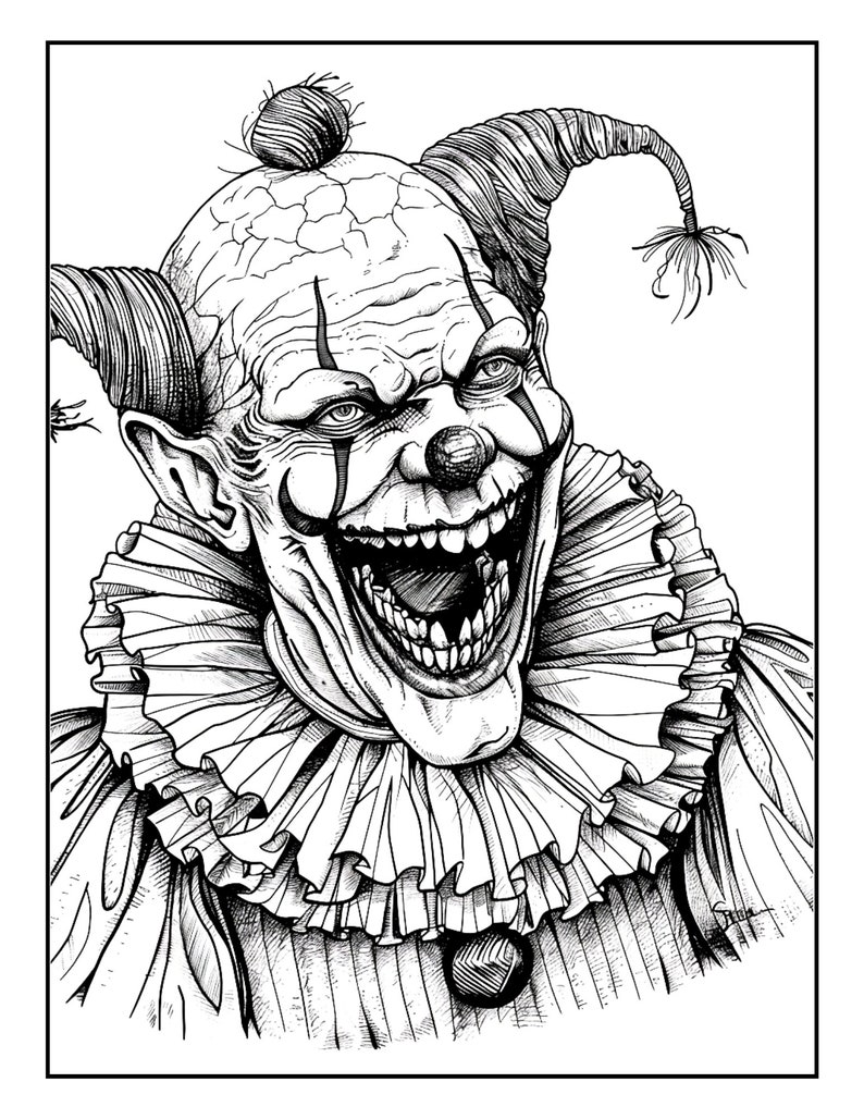 May include: A detailed black and white illustration of a menacing clown. The clown has exaggerated features, including a large, toothy grin, a red nose, and dark eye makeup. A ruffled collar and a textured hat complete the unsettling image.