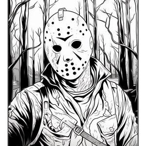 May include: Black and white illustration of a figure wearing a hockey mask, with a forest background. The mask has multiple black dots and triangular markings. The figure is wearing a jacket with a strap across the chest.