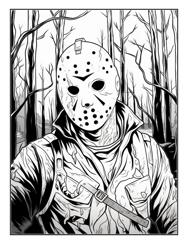 May include: Black and white illustration of a figure wearing a hockey mask, with a forest background. The mask has multiple black dots and triangular markings. The figure is wearing a jacket with a strap across the chest.