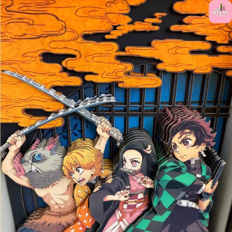 May include: A layered paper art piece featuring characters from the anime series Demon Slayer. The artwork showcases four characters with swords, set against a backdrop of orange clouds and a blue and black background.