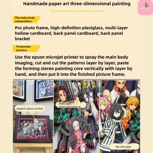 May include: A handmade three-dimensional paper art painting featuring anime characters. The artwork is displayed in a black frame with a red border, showcasing a multi-layered design. The image includes text describing the materials and production process.
