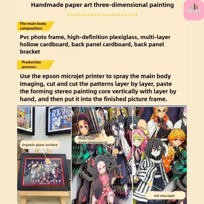 May include: A handmade three-dimensional paper art painting featuring anime characters. The artwork is displayed in a black frame with a red border, showcasing a multi-layered design. The image includes text describing the materials and production process.