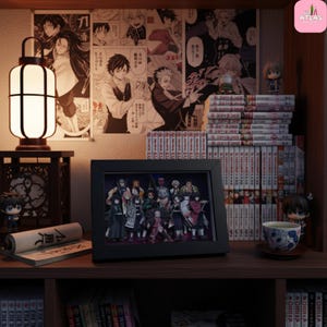 May include: A cozy shelf displays manga, figurines, and a framed group illustration. A traditional Japanese lantern sits atop a decorative stand. Manga posters and stacks of books create a themed aesthetic. A teacup and scroll add to the scene.