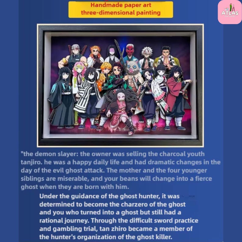 May include: Handmade three-dimensional paper art featuring a group of anime characters. The artwork is framed in black and includes text at the top that reads "Handmade paper art three-dimensional painting."