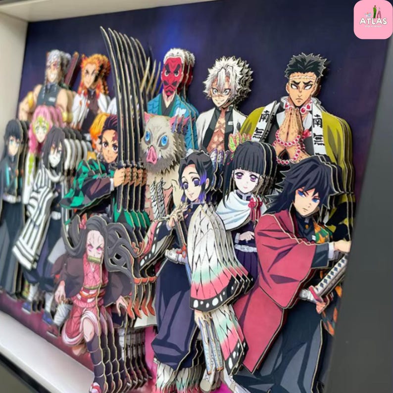 May include: A layered paper art piece featuring multiple anime characters from the Demon Slayer series. The artwork showcases vibrant colors and intricate details, with characters in various poses. The background is a gradient of dark blue to purple.