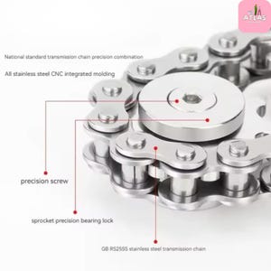 以下が含まれることがあります： ステンレス鋼のトランスミッションチェーンのクローズアップ。精密ネジ、スプロケットベアリングロック、GB RS25SSステンレス鋼チェーンを強調表示。画像内のテキストは「国家標準トランスミッションチェーン精密組み合わせ」と「すべてのステンレス鋼CNC統合成形」と表示されています。