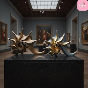 Puede incluir: Dos esculturas abstractas con diseño en espiral y bordes puntiagudos, expuestas sobre una superficie de mármol negro en un museo. Una escultura es dorada, la otra es dorada y azul. Las esculturas tienen forma curva, similar a un cuerno.