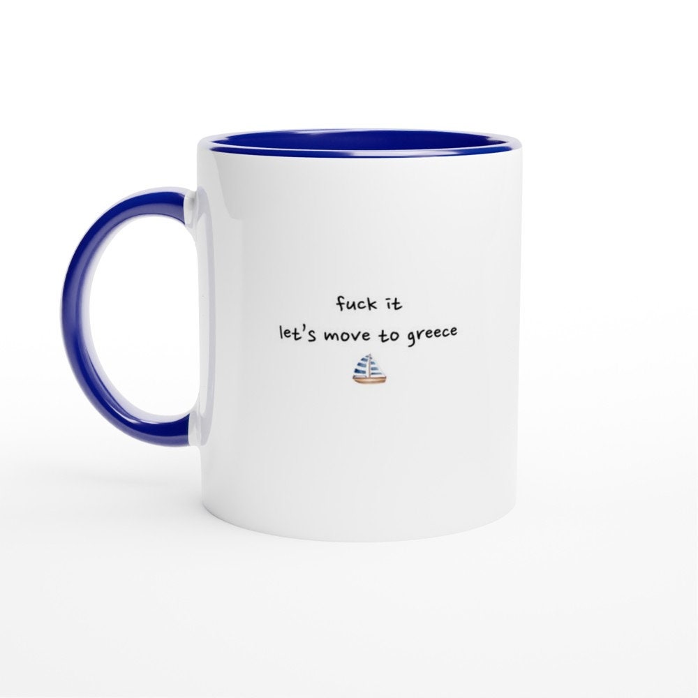 Let's Move to Greece Ceramic Mug with Color Inside, Greek Mug, Travel Mug, Colourful Mug, Summer Mug, 6 Colour Variations Available