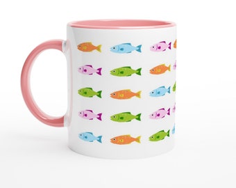 Colourful Fish Ceramic Mug with Color Inside, Greek Mug, Colourful Mug, Summer Mug, Drinkware, 6 Colour Variations Available