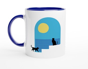 Cat Ceramic Mug with Color Inside, Greek Mug, Colourful Mug, Summer Mug, Drinkware, 6 Colour Variations Available