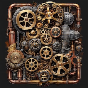 Könnte beinhalten: Eine Nahaufnahme eines Steampunk-Uhrgesichts mit komplizierten Zahnrädern und Zahnrädern. Das Uhrgesicht ist aus Metall und hat eine braune und goldene Farbgebung. Das Uhrgesicht ist von anderen Zahnrädern und Zahnrädern umgeben, was ein komplexes und kompliziertes Design ergibt.